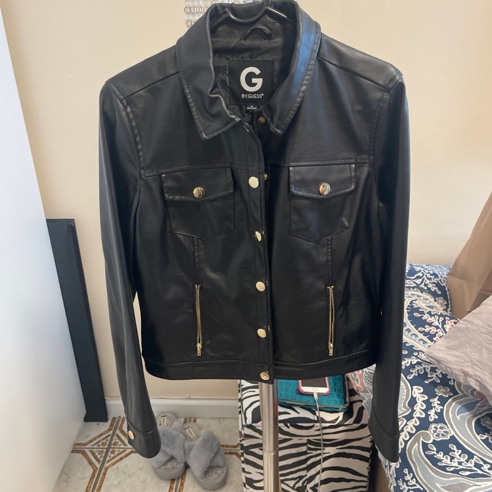 G by Guess Women's Black Leather Jacket with Gold Accents